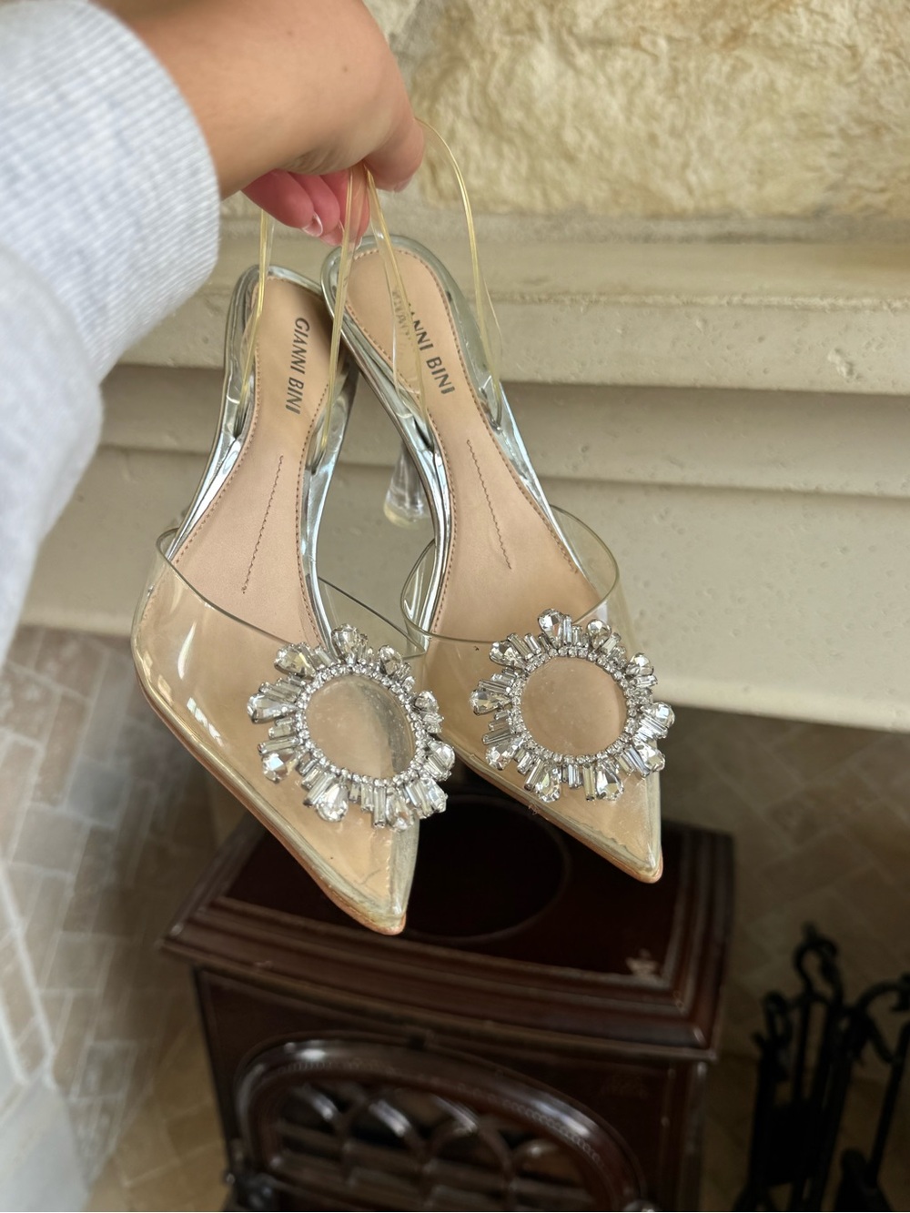 Gianni Bini Clear PVC Pointed Toe Slingback Heels with Crystal Medallion - Nude